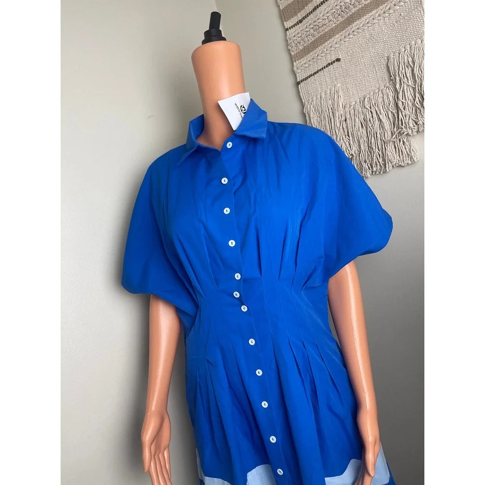 Women Blue White Button Down‎ Shirt Summer Dress Smocked Waist Cotton Medium